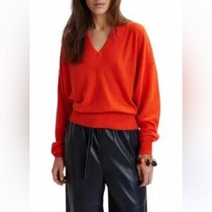 The DROP Red Orange V Neck cotton long sleeve sweater pullover women size M